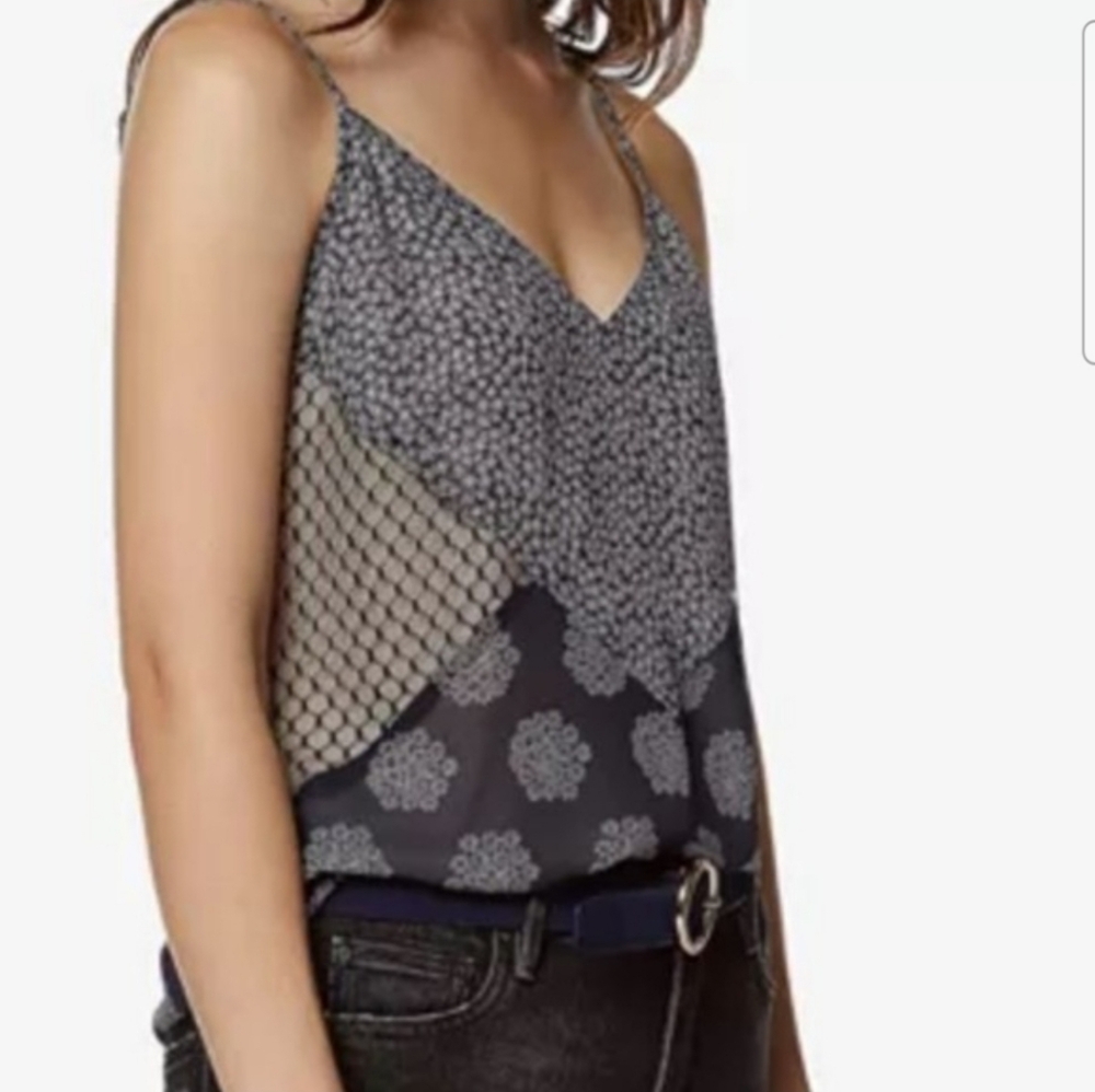 Avec Les Filles Women's Y2K Sheer Floral Patchwork Cami Top Size L Navy White